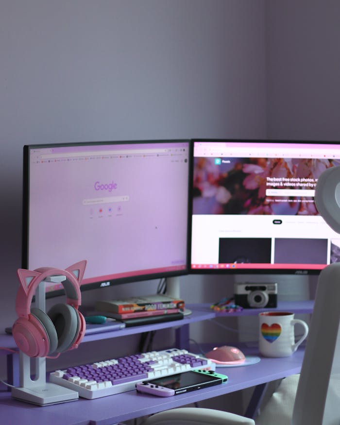 Stylish home office desk setup with dual monitors, cat ear headphones, and rainbow mug.
