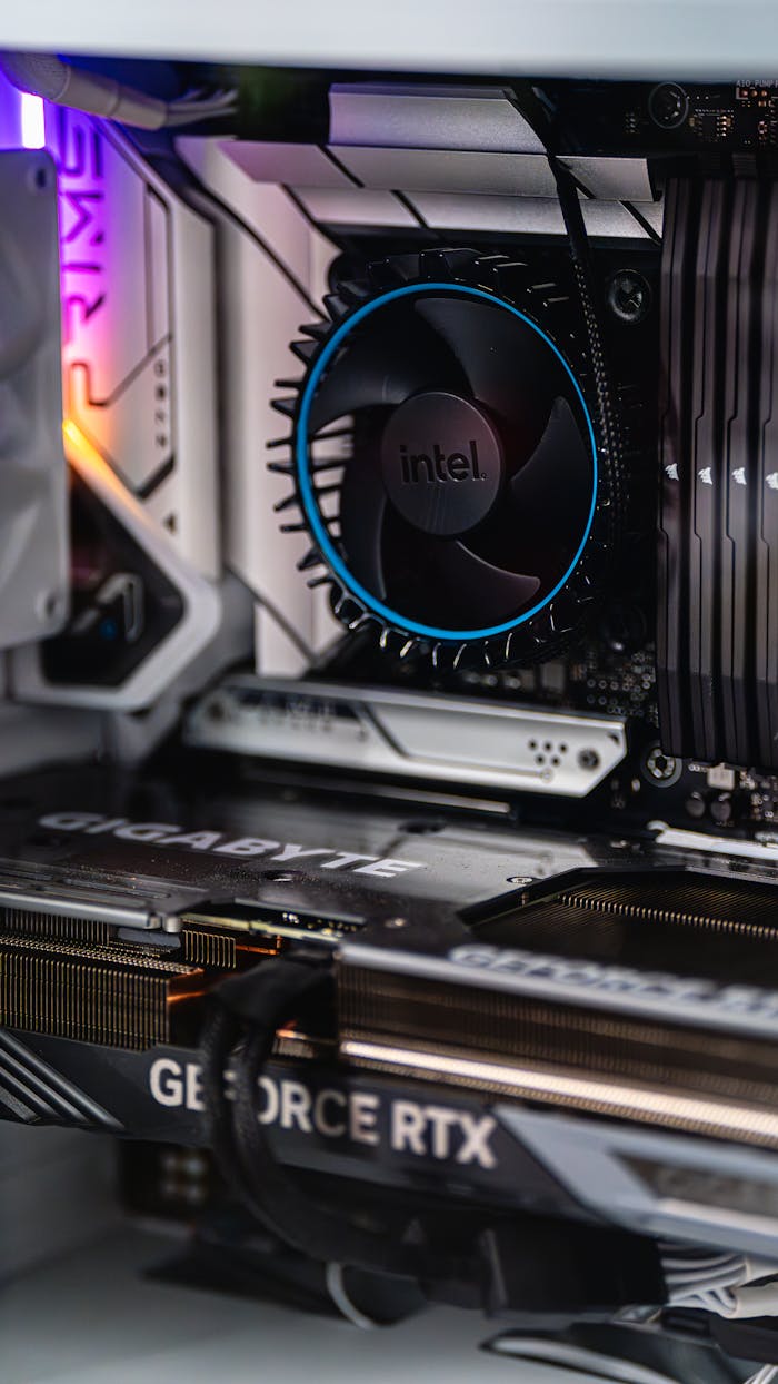 our-journey-02 Close-up of a gaming PC showcasing GeForce RTX graphics card and Intel CPU fan.